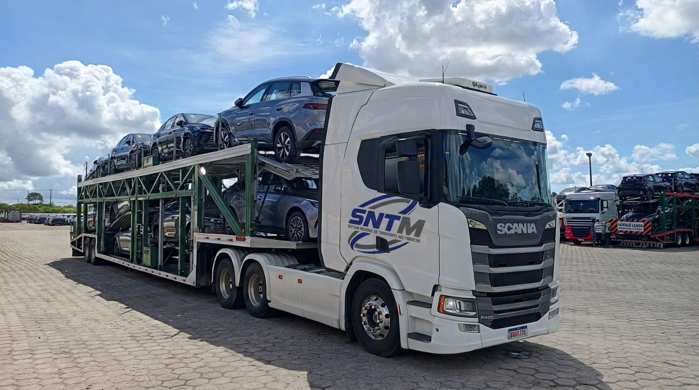 Caminhão cegonha da SNTM carregado com veículos novos em pátio logístico